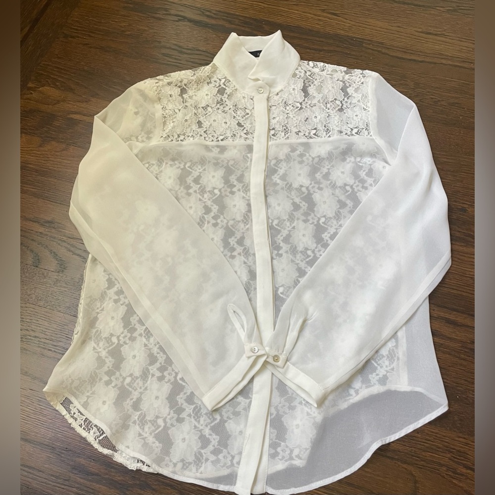 Zara Sheer Romantic White Lace Blouse Top Size L